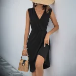Elegant Black Sleeveless V Neck Split Maxi Dress New Arrival European and American Style Perfect