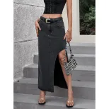High Waisted Split Denim Skirt Fashionable Womens Apparel Trendy Casual Wear for Spring Summer W