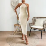 Customizable Sleeveless Knit Maxi Dress Halter Neck Fitted Silhouette Fringe Hem Beach Vacation