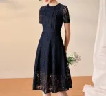 Lace Hollow Out Midi Dress for Women Round Neck Short Sleeve Summer Casual Wear