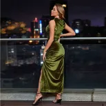 Sleeveless Velvet Bodycon Maxi Dress Stylish Side Slit Elegant Fit Trendy Design Perfect for Par