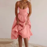 Elegant Womens Midi Dress Slim Fit Low Cut Spaghetti Straps Flared Skirt Office Wear or Evening