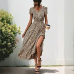 Elegant Leopard Print Maxi Dress with Lace Trim V Neck Flowy Silhouette Versatile Style Perfect