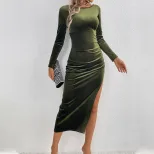 Elegant Velvet Bodycon Dress Long Sleeve Split Hem Slim Fit Spring and Autumn Fashion Wholesale