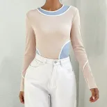 Womens Color Block Long Sleeve Knit Top Slim Fit Stretch Fabric Versatile Style Perfect for Casu