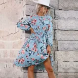 Floral Print Long Sleeve Dress Blue Pleated Round Neck Autumn Winter Fashion Wholesale Available
