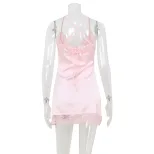 V Neck Lace Trim Satin Dress Soft Skin Friendly Fabric Pink Color Summer Style Wholesale Availab