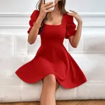 Red Square Neck Puff Sleeve Mini Dress Slim Fit Waist Defined Elegant Style Perfect for Parties