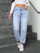 Casual Denim Pants for Women Beaded Detail Versatile Style Comfortable Fit Perfect for Everyday