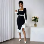 Hepburn Style Black and White Color Block Dress Long Sleeve Ruffle Hem Slim Fit Spring Summer Oc