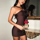 Summer Womens Bodycon Halter Dress Sexy Backless Solid Color Short Length Chic Style for Parties