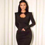 Slim Fit High Stretch Elegant Long Sleeve Dress with Hollow Chest Design and Shoulder Pads Penci