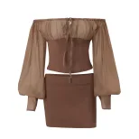 Off Shoulder Vintage Mesh Long Sleeve Top and Bodycon Mini Skirt Set Sexy Elegant Autumn Wholesa