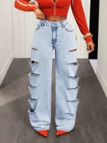 Wide Leg Denim Jeans Fashionable Loose Fit Hollow Out Design Versatile Style Casual Wear for Wom