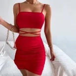 Fashionable Hollow Out Bodycon Dress Sleeveless Solid Color Knit Fabric Casual Summer Wear Whole
