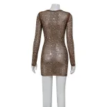 Elegant Square Neck Long Sleeve Dress with Rhinestones High Waist Chic Style Perfect for Parties