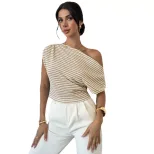 Summer Striped Short Sleeve Top One Shoulder Design Fitted Waist Versatile Knit Casual Office We
