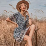 Geometric Floral Print Dress Round Neck Short Sleeve Summer Style Perfect for Casual Outings Who