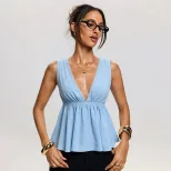 French Style Deep V Neck Sleeveless Top Light Blue Backless Elegant Design Perfect for Spring an