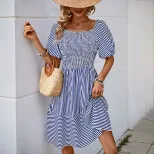 French Country Style Striped Dress Sweet Square Neck Puff Sleeves Lightweight Fabric Perfect for
