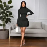 High Neck Bodycon Knit Dress Black Ruffled Hem Layered Design Short Length Perfect for Parties o