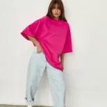 Womens Loose Fit Cotton T Shirt 260g Fabric Short Sleeve Solid Color Spring Summer Casual Wear W