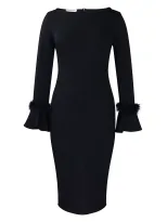 Fashionable Solid Color Bodycon Dress with Flared Sleeves Womens Winter Collection Office Wear W
