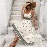 Geometric Print Backless Maxi Dress Vintage Ethnic Style Perfect for Summer Vacations Wholesale