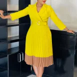Elegant Color Block African Dress Spring Fashion Suit Collar High Waist Pleated Design Perfect f