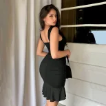 Cotton Bodycon Dress Sexy U Neck Ruffled Waist Slim Fit Casual Party Wear Wholesale Available