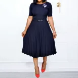 Plus Size Womens Summer Dress Belted Pleated Round Neck Mid Length Casual or Formal Occasions Wh