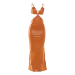 Womens PU Leather Bodycon Dress Stylish Decorative Buttons Sexy V Neck Spring Fashion Perfect fo