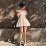 Womens Summer Dress Sweetheart Neckline Sleeveless Waist Defined Apricot Color low MOQ