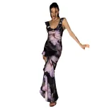 Elegant Floral Print Maxi Dress U Neck Ruffle Hem Sleeveless Open Back High Slit Perfect for Sum