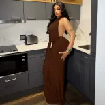 Fashionable Backless Halter Maxi Dress Loose Fit Ruched Design Comfortable Fabric Casual Home We