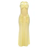 Chic Womens Maxi Dress Halter Neck Sheer Mesh Solid Color Flowing Design Perfect for Parties and