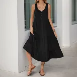 Summer Midi Dress Sleeveless Button Detail Solid Color Casual Wear for Women OEM Available