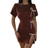 Fashionable Womens Bodycon Dress Ruffled Design Tie Waist High Neck Short Length Split Hem Perfe