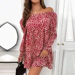 Off Shoulder Leopard Print Beach Dress Square Neck Lightweight Fabric Spring Fall Style Wholesal