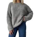 Womens Soft Knit Sweater Solid Color Round Neck Faux Mink Fabric Casual Everyday Wear Wholesale