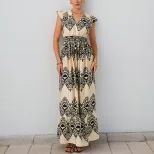 Floral Print Maxi Dress Black and White Ruffled Sleeves Ethnic Vacation Style Wholesale Availabl