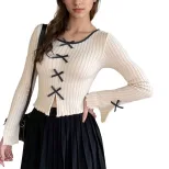 Knit Long Sleeve Top Cream Color Striped Design Bow Detail Elegant Layering for Spring and Summe
