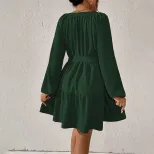 Casual Long Sleeve Ruffled Hem Dress Loose Fit Waist Defined Elegant Style Spring Summer Collect