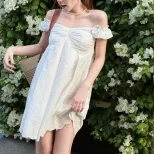 Womens Summer Dress Sweetheart Neckline Puff Sleeves Loose Fit Solid Color low MOQ
