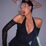 Sexy Deep V Neck Halter Top Sheer Mesh Panel Off Shoulder Long Sleeve Slim Fit Night Out Party W