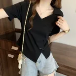 Womens V Neck Polo T Shirt Short Sleeve Plus Size Casual Chic Design Available in Apricot and Black Wholesale