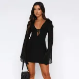 Summer Womens Dress Deep V Neck Ruffled Hem Long Sleeve Slim Fit Casual Party or Night Out Whole