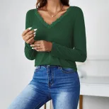 Womens Casual V Neck T Shirt Loose Fit Long Sleeve Lace Patchwork Fashionable Top for Spring Fal