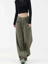 绿色直筒牛仔裤女2023春秋季新款学生大码可调节高腰宽松阔腿长裤