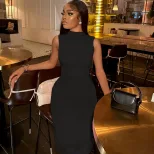 Sleeveless Bodycon Dress Solid Color Round Neck Waist Defining Casual Style Perfect for Parties